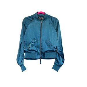 GSTQ Satin Bomber Jacket Size M Chelsea Blue Zip Front Lightweight Design